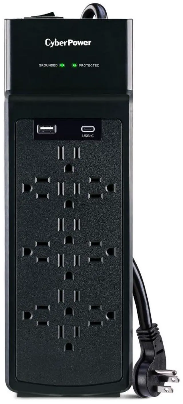 Main image of CyberPower CSP1206UC Home Office 12 - Outlet Surge Protector with 3000 J Surge Suppression, Clamping Voltage 800V, 6 ft Cord, NEMA 5-15P, 45 degrees Offset Right, Black