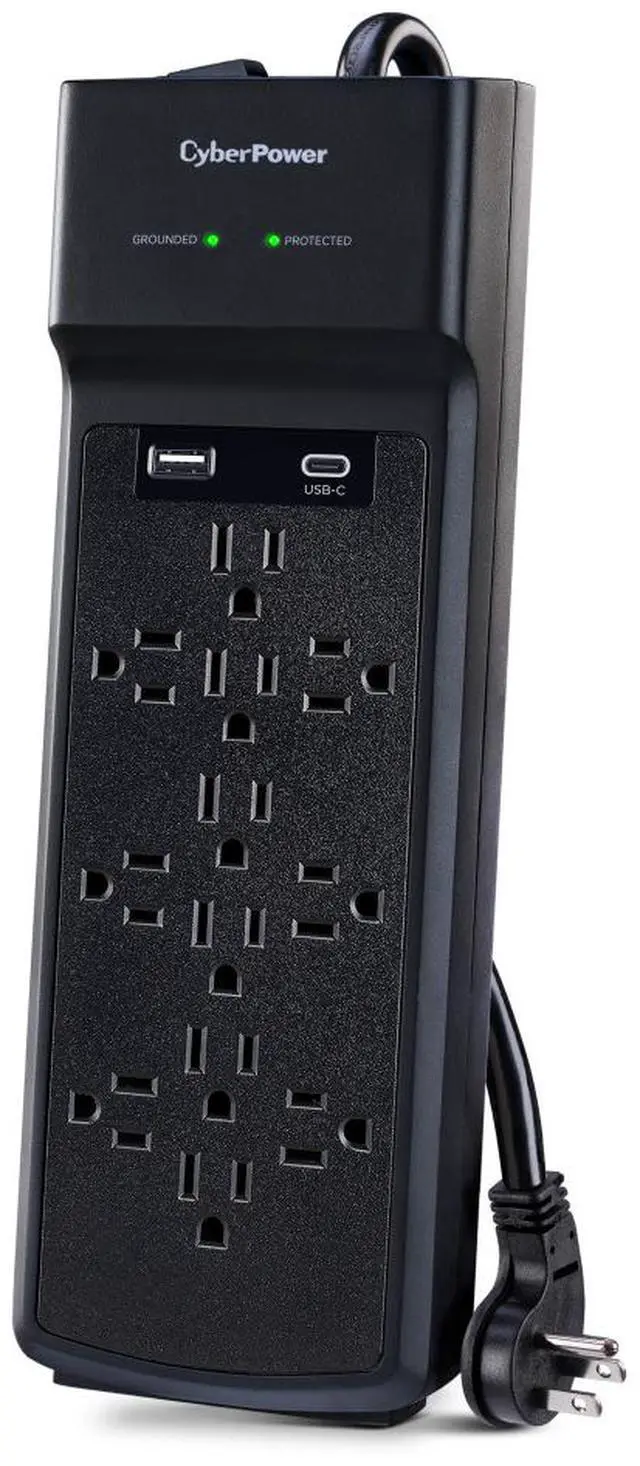 Alt view image 2 of 9 - CyberPower CSP1206UC Home Office 12 - Outlet Surge Protector with 3000 J Surge Suppression, Clamping Voltage 800V, 6 ft Cord, NEMA 5-15P, 45 degrees Offset Right, Black