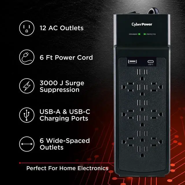 Alt view image 5 of 9 - CyberPower CSP1206UC Home Office 12 - Outlet Surge Protector with 3000 J Surge Suppression, Clamping Voltage 800V, 6 ft Cord, NEMA 5-15P, 45 degrees Offset Right, Black