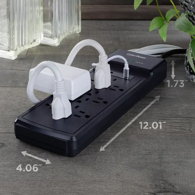 Alt view image 6 of 9 - CyberPower CSP1206UC Home Office 12 - Outlet Surge Protector with 3000 J Surge Suppression, Clamping Voltage 800V, 6 ft Cord, NEMA 5-15P, 45 degrees Offset Right, Black