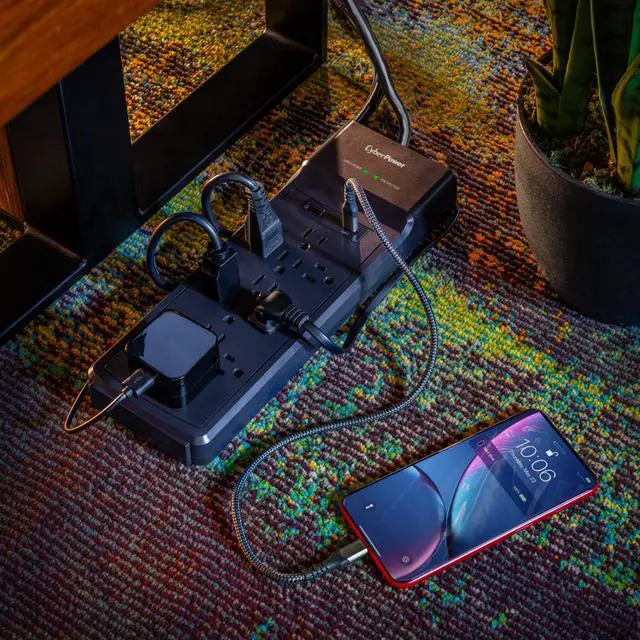 Alt view image 9 of 9 - CyberPower CSP1206UC Home Office 12 - Outlet Surge Protector with 3000 J Surge Suppression, Clamping Voltage 800V, 6 ft Cord, NEMA 5-15P, 45 degrees Offset Right, Black