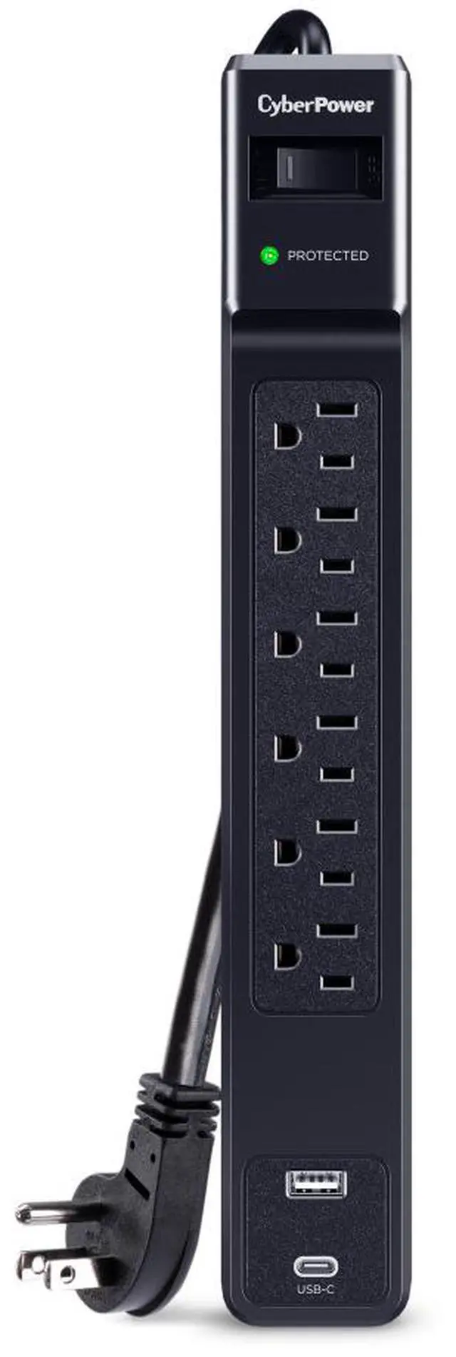 Main image of CyberPower CSP604UC Home Office 6 - Outlet Surge Protector with 1500 J Surge Suppression, Clamping Voltage 800V, 4 ft Cord, NEMA 5-15P, 45 degrees Offset Right, Black
