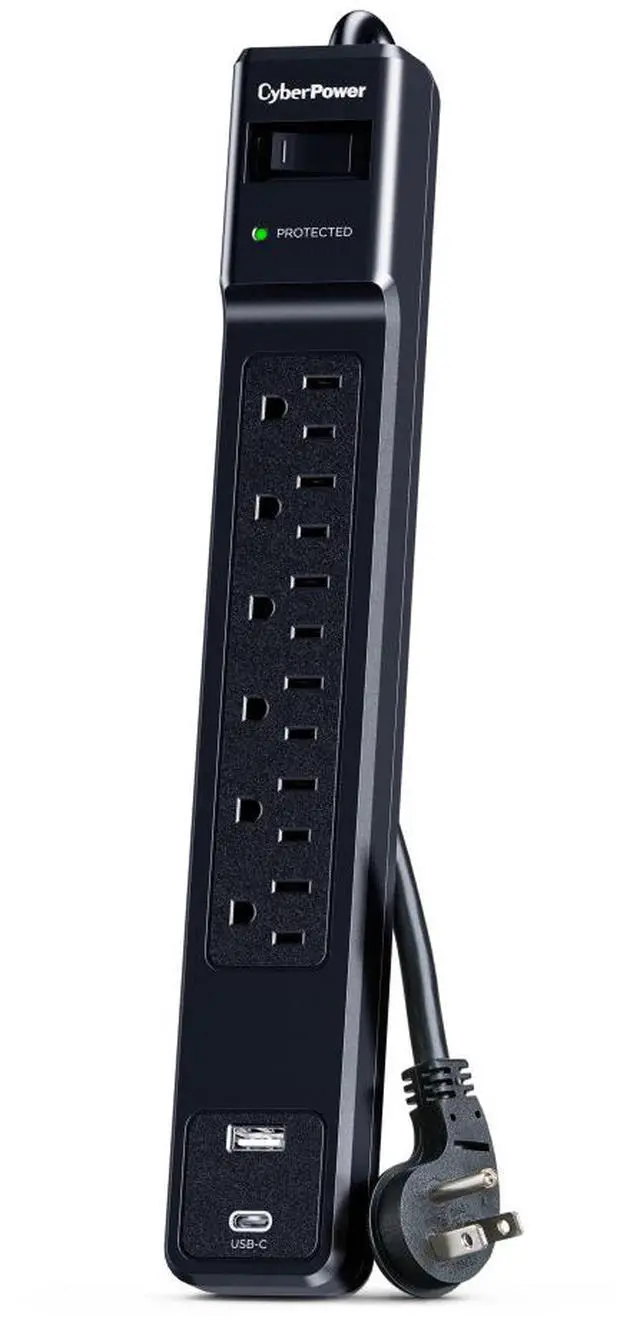 Alt view image 2 of 9 - CyberPower CSP604UC Home Office 6 - Outlet Surge Protector with 1500 J Surge Suppression, Clamping Voltage 800V, 4 ft Cord, NEMA 5-15P, 45 degrees Offset Right, Black