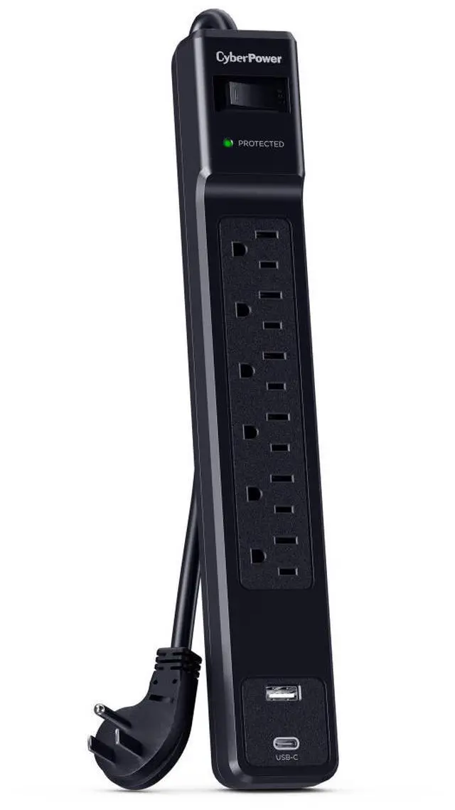 Alt view image 3 of 9 - CyberPower CSP604UC Home Office 6 - Outlet Surge Protector with 1500 J Surge Suppression, Clamping Voltage 800V, 4 ft Cord, NEMA 5-15P, 45 degrees Offset Right, Black