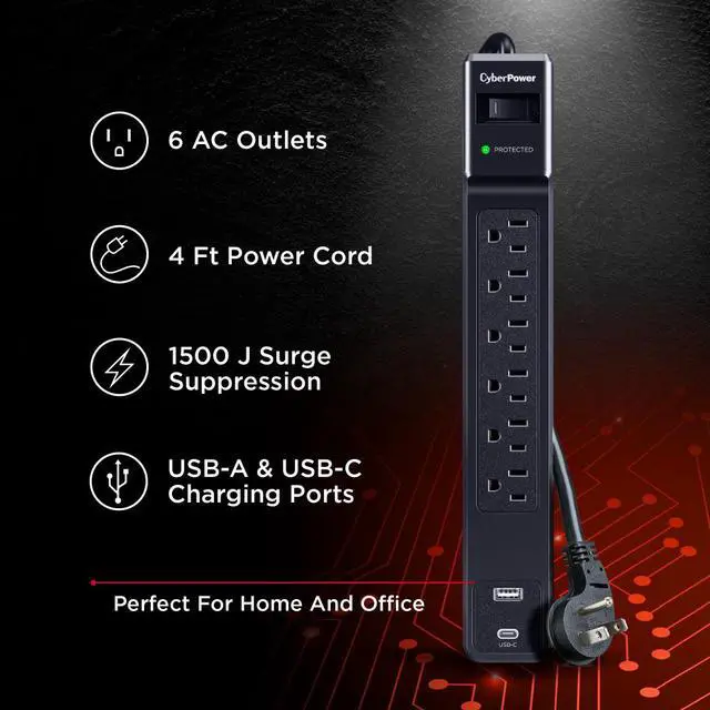 Alt view image 5 of 9 - CyberPower CSP604UC Home Office 6 - Outlet Surge Protector with 1500 J Surge Suppression, Clamping Voltage 800V, 4 ft Cord, NEMA 5-15P, 45 degrees Offset Right, Black