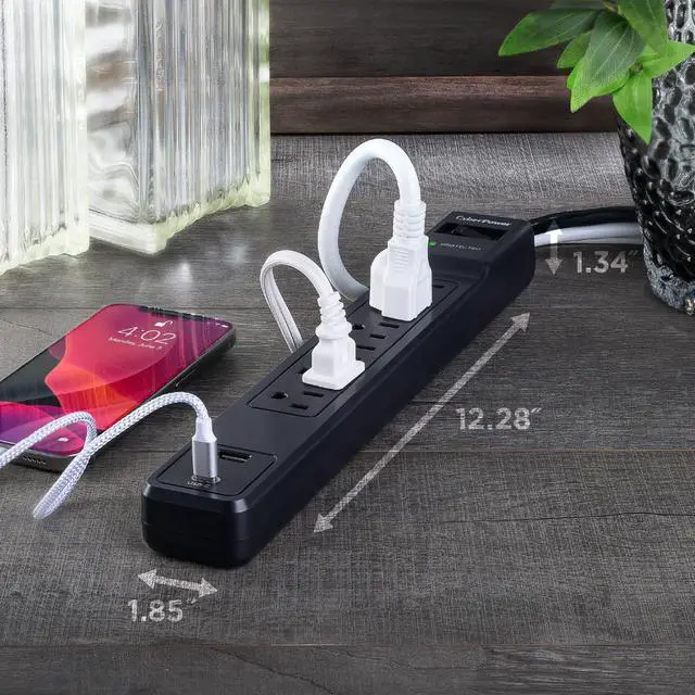 Alt view image 6 of 9 - CyberPower CSP604UC Home Office 6 - Outlet Surge Protector with 1500 J Surge Suppression, Clamping Voltage 800V, 4 ft Cord, NEMA 5-15P, 45 degrees Offset Right, Black