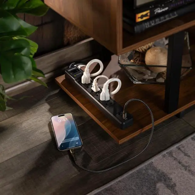 Alt view image 7 of 9 - CyberPower CSP604UC Home Office 6 - Outlet Surge Protector with 1500 J Surge Suppression, Clamping Voltage 800V, 4 ft Cord, NEMA 5-15P, 45 degrees Offset Right, Black