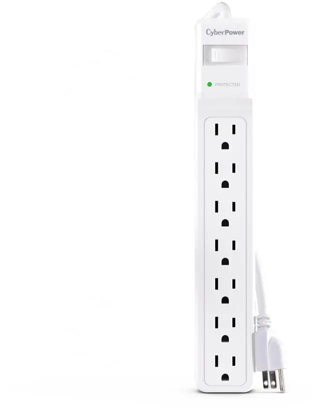 Main image of CyberPower CSB706W Essential 7 - Outlet Surge Protector with 1800 J Surge Suppression, Clamping Voltage 800V, 6 ft Cord, NEMA 5-15P, Straight, 15 Amp, EMI/RFI Filtration, White, RG6 Coaxial Protection