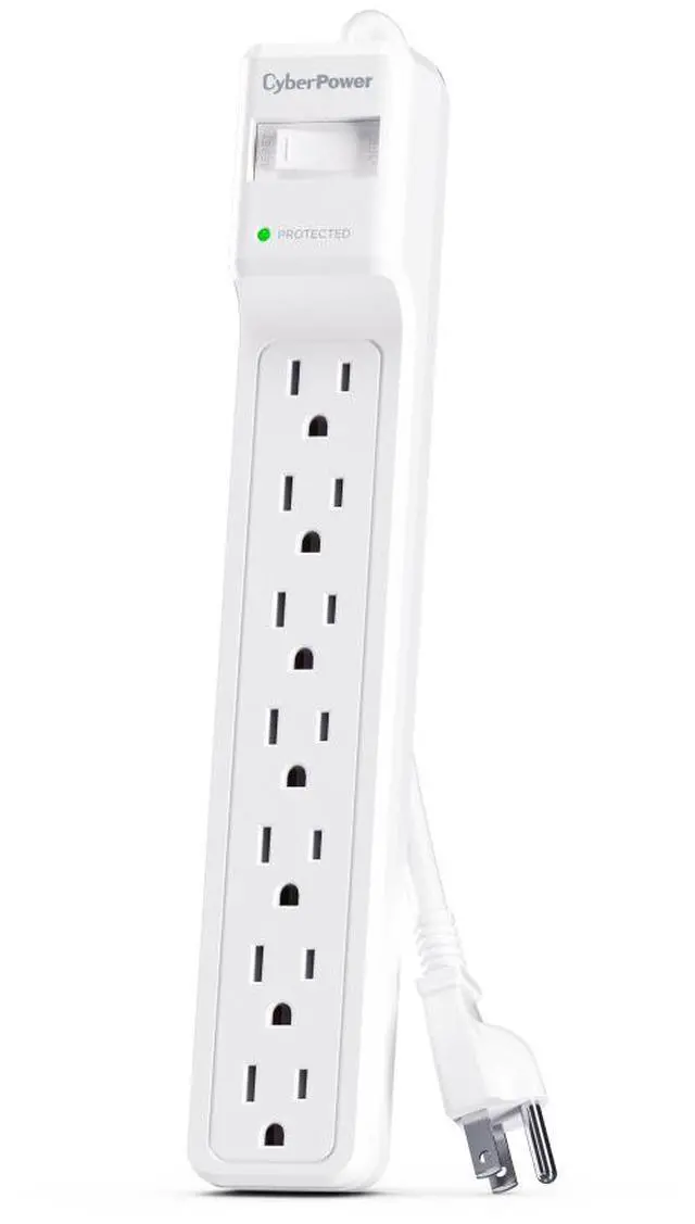 Alt view image 2 of 10 - CyberPower CSB706W Essential 7 - Outlet Surge Protector with 1800 J Surge Suppression, Clamping Voltage 800V, 6 ft Cord, NEMA 5-15P, Straight, 15 Amp, EMI/RFI Filtration, White, RG6 Coaxial Protection