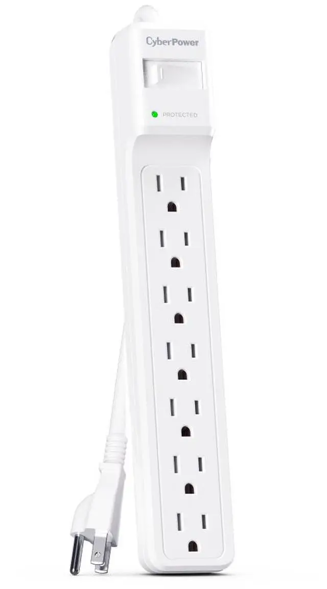 Alt view image 3 of 10 - CyberPower CSB706W Essential 7 - Outlet Surge Protector with 1800 J Surge Suppression, Clamping Voltage 800V, 6 ft Cord, NEMA 5-15P, Straight, 15 Amp, EMI/RFI Filtration, White, RG6 Coaxial Protection
