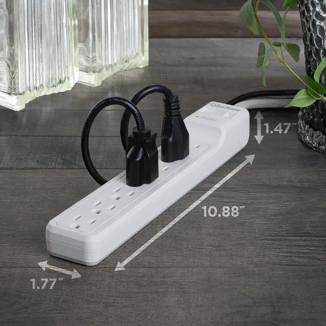 Alt view image 6 of 10 - CyberPower CSB706W Essential 7 - Outlet Surge Protector with 1800 J Surge Suppression, Clamping Voltage 800V, 6 ft Cord, NEMA 5-15P, Straight, 15 Amp, EMI/RFI Filtration, White, RG6 Coaxial Protection