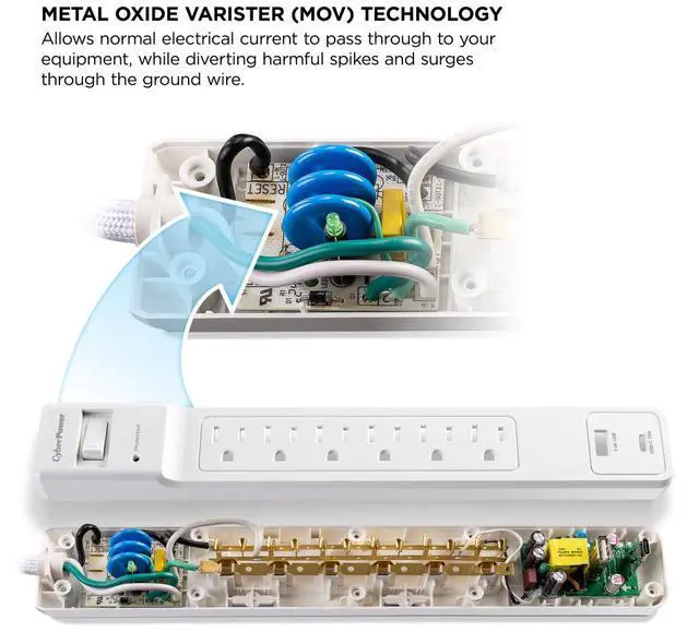 Alt view image 9 of 10 - CyberPower CSB706W Essential 7 - Outlet Surge Protector with 1800 J Surge Suppression, Clamping Voltage 800V, 6 ft Cord, NEMA 5-15P, Straight, 15 Amp, EMI/RFI Filtration, White, RG6 Coaxial Protection