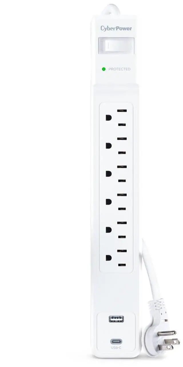 Main image of CyberPower CSP604UCW Home Office 6 - Outlet Surge Protector with 1500 J Surge Suppression, Clamping Voltage 800V, 4 ft Cord, NEMA 5-15P, 45 degrees Offset Right, White
