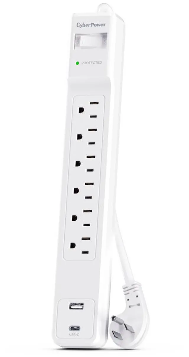 Alt view image 2 of 10 - CyberPower CSP604UCW Home Office 6 - Outlet Surge Protector with 1500 J Surge Suppression, Clamping Voltage 800V, 4 ft Cord, NEMA 5-15P, 45 degrees Offset Right, White