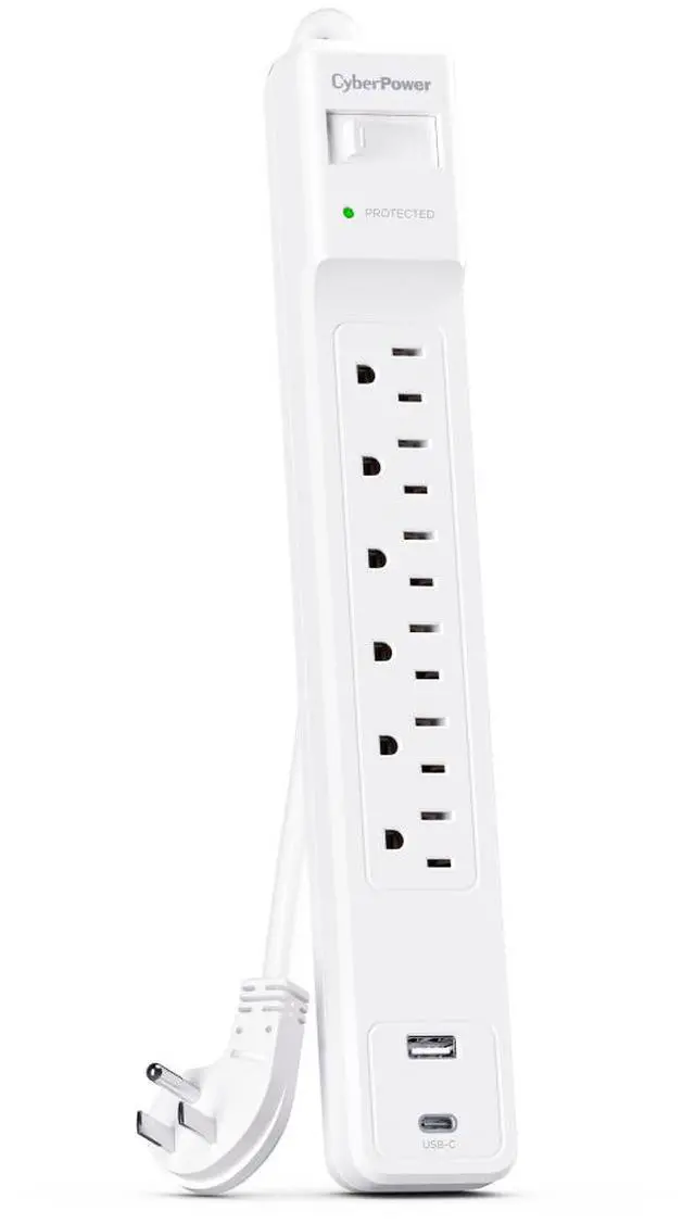 Alt view image 3 of 10 - CyberPower CSP604UCW Home Office 6 - Outlet Surge Protector with 1500 J Surge Suppression, Clamping Voltage 800V, 4 ft Cord, NEMA 5-15P, 45 degrees Offset Right, White