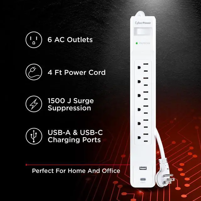Alt view image 5 of 10 - CyberPower CSP604UCW Home Office 6 - Outlet Surge Protector with 1500 J Surge Suppression, Clamping Voltage 800V, 4 ft Cord, NEMA 5-15P, 45 degrees Offset Right, White