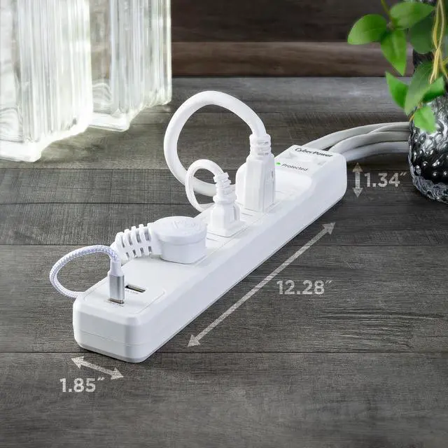 Alt view image 6 of 10 - CyberPower CSP604UCW Home Office 6 - Outlet Surge Protector with 1500 J Surge Suppression, Clamping Voltage 800V, 4 ft Cord, NEMA 5-15P, 45 degrees Offset Right, White