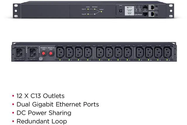 Alt view image 5 of 9 - CyberPower PDU44004G Single Phase 240 - 200 VAC 15A Switched ATS, 12 Outlets, 10 ft, 2 x IEC-320 C14, Horizontal, 1U, SNMP, LCD