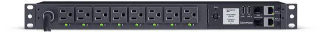 Main image of CyberPower PDU81001G 100 - 120 VAC 15A Switched Metered-by-Outlet, 8 Outlets, 12 ft, NEMA 5-15P, Horizontal, 1U, LCD