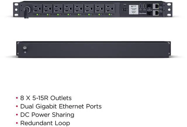 Alt view image 5 of 9 - CyberPower PDU81001G 100 - 120 VAC 15A Switched Metered-by-Outlet, 8 Outlets, 12 ft, NEMA 5-15P, Horizontal, 1U, LCD