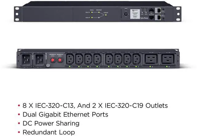 Alt view image 5 of 9 - CyberPower PDU44005G Single Phase 200 - 240 VAC 20A Switched ATS, 10 Outlets, 10 ft, 2 x IEC-320 C20, Horizontal, 1U, SNMP, LCD