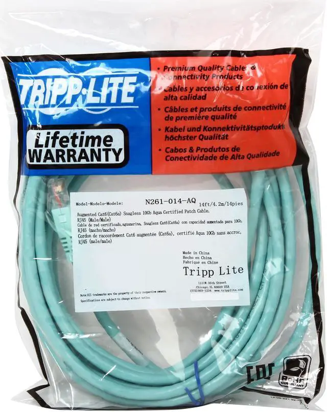 Alt view image 3 of 3 - TRIPP LITE N261-014-AQ 14 ft. Cat 6A Aqua 10G Certified Patch Cable