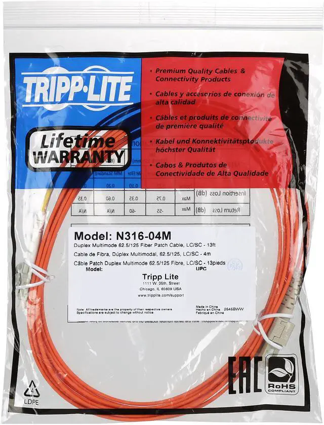Alt view image 3 of 3 - Tripp Lite	N316-04M Duplex Multimode 62.5/125 Fiber Patch Cable (LC/SC), 4M (13-ft.)