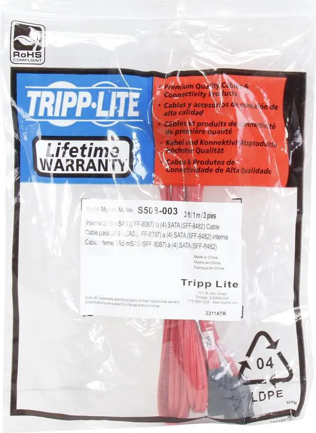 Alt view image 3 of 3 - Tripp Lite Model S508-003 3 ft. Internal SAS Cable, 4-Lane mini-SAS (SFF-8087) to 4xSATA 7pin (SFF-8482)