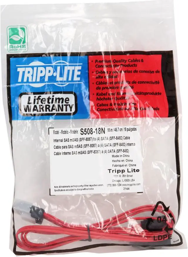 Alt view image 3 of 3 - Tripp Lite Model S508-18N 18" Internal SAS Cable, 4-Lane mini-SAS (SFF-8087) to 4xSATA 7pin (SFF-8482)