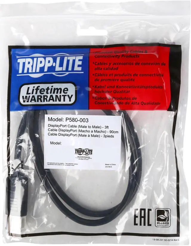 Alt view image 3 of 3 - Tripp Lite DisplayPort Cable with Latches (M/M), DP, 4K x 2K, 3 ft. (P580-003)
