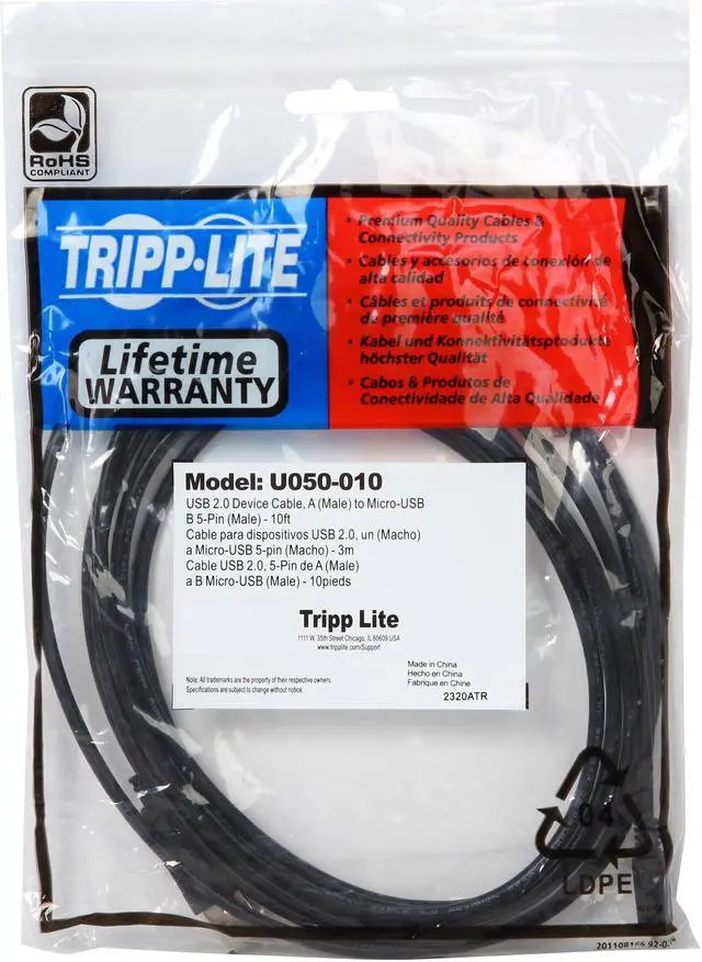 Alt view image 3 of 3 - Tripp Lite U050-010 Black USB2.0 A Male to Micro-B Male Device Cable