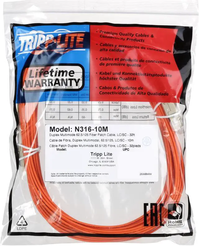 Alt view image 3 of 3 - Tripp Lite	N316-10M Duplex Multimode 62.5/125 Fiber Patch Cable (LC/SC), 10M (33-ft.)