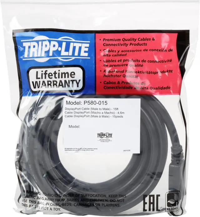 Alt view image 3 of 3 - Tripp Lite DisplayPort Cable with Latches (M/M), DP, 4K x 2K, 15-ft. (P580-015)
