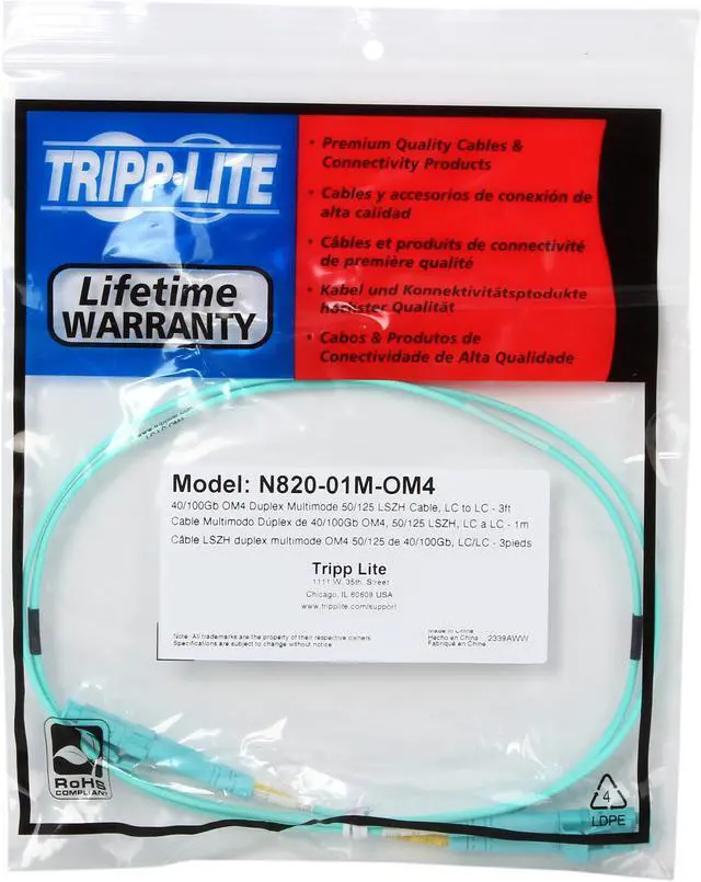 Alt view image 3 of 3 - Tripp Lite N820-01M-OM4 3 ft. 40/100Gb Duplex MMF 50/125 OM4 LSZH Patch Cable (LC/LC)