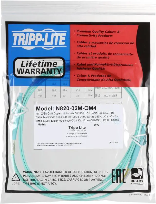 Alt view image 3 of 4 - Tripp Lite N820-02M-OM4 6 ft. 40/100Gb Duplex MMF 50/125 OM4 LSZH Patch Cable