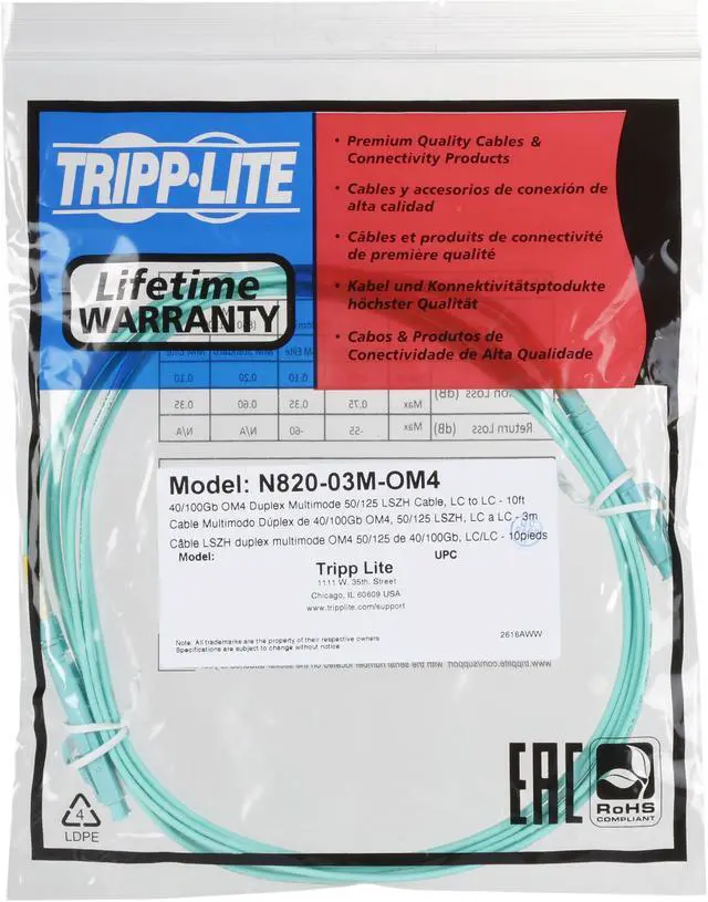 Alt view image 3 of 3 - Tripp Lite N820-03M-OM4 10 ft. 40/100Gb Duplex MMF 50/125 OM4 LSZH Patch Cable Male to Male