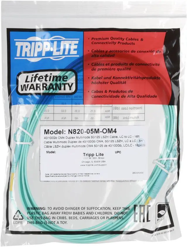 Alt view image 3 of 3 - Tripp Lite N820-05M-OM4 16 ft. 40/100Gb Duplex MMF 50/125 OM4 LSZH Patch Cable (LC/LC)