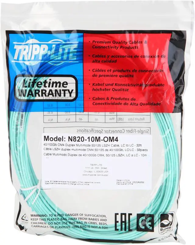 Alt view image 3 of 3 - Tripp Lite N820-10M-OM4 33 ft. 10/100Gb Duplex MMF 50/125 OM4 LSZH Patch Cable (LC/LC)