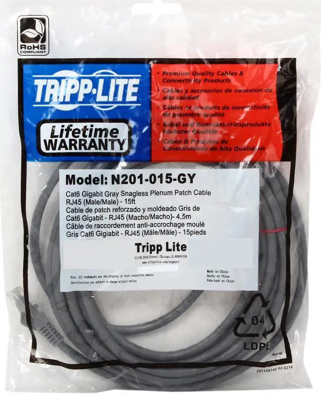 Alt view image 3 of 3 - TRIPP LITE N201-015-GY 15 ft. Cat 6 Gray Gigabit Snagless Molded Patch Cable (RJ45 M/M)