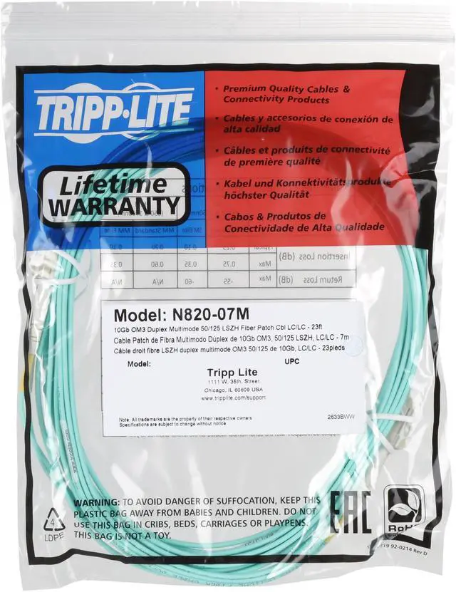 Alt view image 3 of 3 - Tripp Lite N820-07M 23 ft. 10Gb Duplex MMF 50/125 OM3 LSZH Patch Cable (LC/LC)