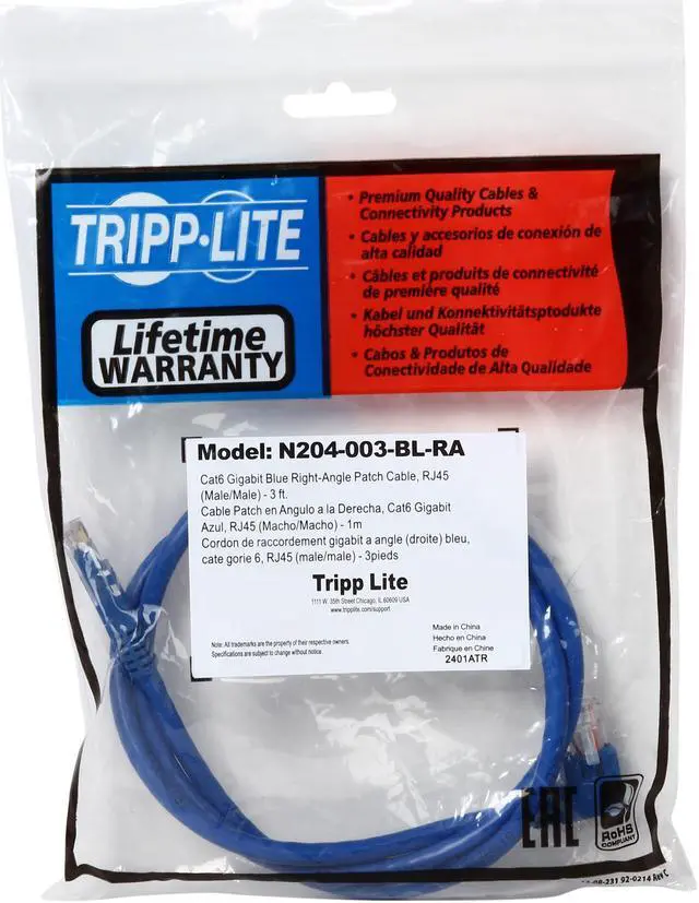Alt view image 3 of 3 - TRIPP LITE N204-003-BL-RA 3 ft. Cat 6 Blue Gigabit Right Angle to Straight Patch Cable