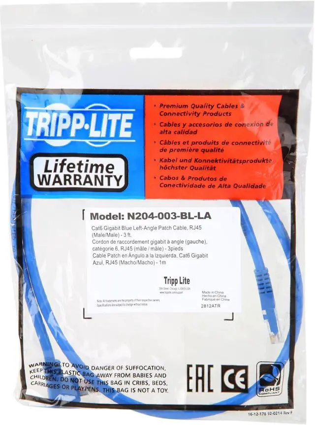 Alt view image 3 of 3 - TRIPP LITE N204-003-BL-LA 3 ft. Cat 6 Blue Gigabit Left Angle to Straight Patch Cable