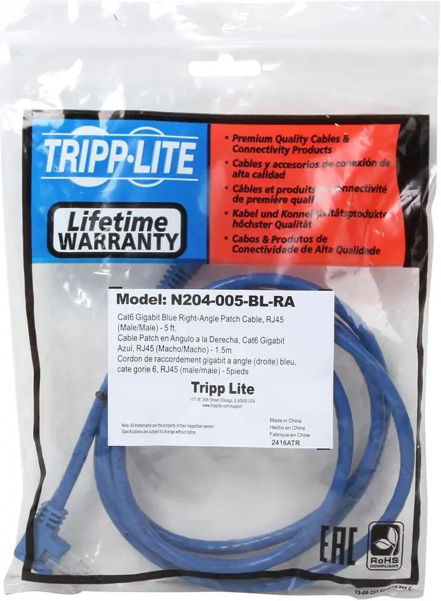 Alt view image 3 of 3 - TRIPP LITE N204-005-BL-RA 5 ft. Cat 6 Blue Gigabit Right Angle to Straight Patch Cable