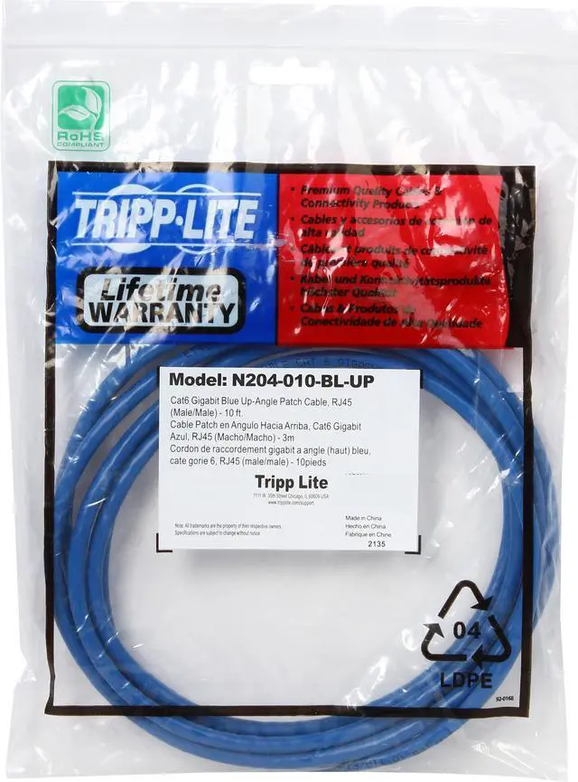 Alt view image 3 of 3 - TRIPP LITE N204-010-BL-UP 10 ft. Cat 6 Blue Gigabit Up Angle to Straight Patch Cable