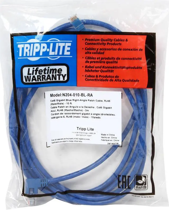 Alt view image 3 of 3 - TRIPP LITE N204-010-BL-RA 10 ft. Cat 6 Blue Gigabit Right Angle to Straight Patch Cable