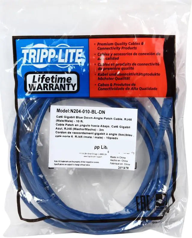 Alt view image 3 of 3 - TRIPP LITE N204-010-BL-DN 10 ft. Cat 6 Blue Gigabit Right Angle Down to Straight Patch Cable