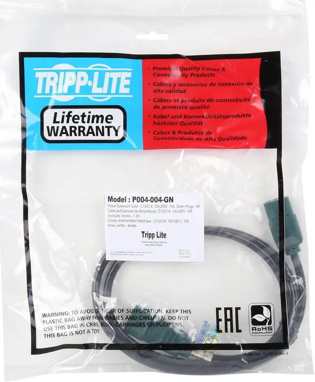 Alt view image 3 of 3 - Tripp Lite Model P004-004-GN 4 ft. 18 AWG Power Cord w/ Green Connectors