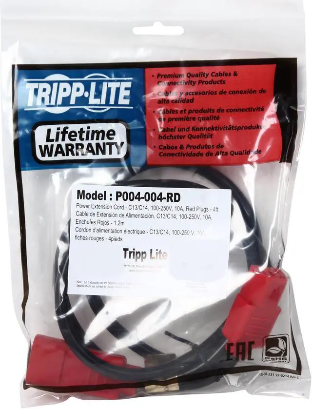 Alt view image 3 of 3 - Tripp Lite Model P004-004-RD 4 ft. 18 AWG Power Cord w/ Red Connectors