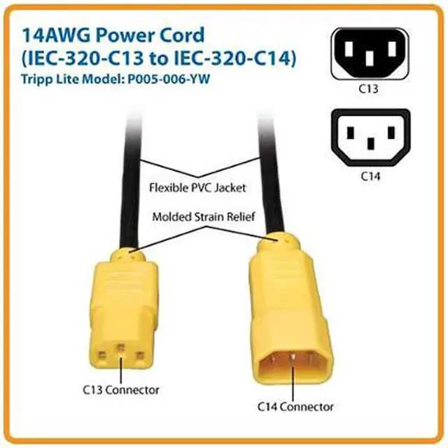 Alt view image 2 of 3 - Tripp Lite Model P005-006-YW 6 ft. 14AWG Power Cord w/ Yellow Connectors