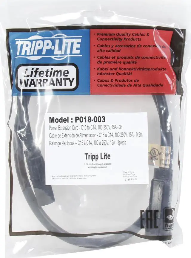 Alt view image 3 of 3 - Tripp Lite 3-ft Heavy Duty Computer Power Cord, 15A, 14AWG (IEC-320-C14 to IEC-320-C15) (P018-003)